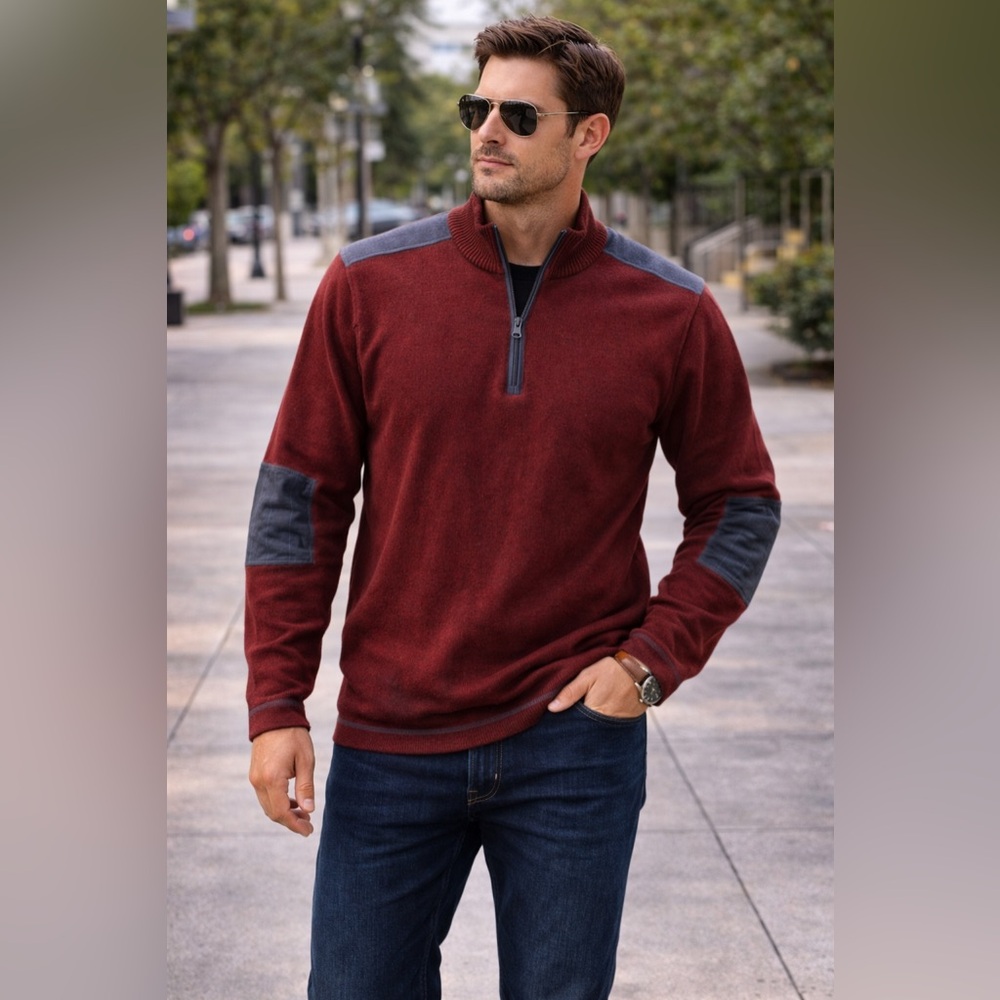 Ascend Men's Zip-Up Sweater in Burgundy and Gray